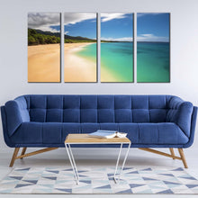 Load image into Gallery viewer, ocean beach canvas wall art hawaii blue sky ocean 4 piece canvas print green island of maui seascape canvas set In Living Room
