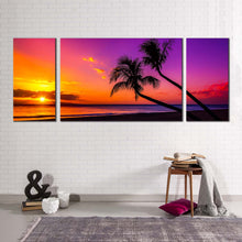 Load image into Gallery viewer, ocean beach canvas wall art yellow sunset tropical island triptych multi canvas colorful sky ocean scenery 3 piece canvas print
