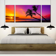 Load image into Gallery viewer, ocean beach canvas wall art yellow sunset tropical island triptych multi canvas colorful sky ocean scenery 3 piece canvas print For Bedroom
