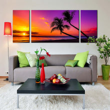 Load image into Gallery viewer, ocean beach canvas wall art yellow sunset tropical island triptych multi canvas colorful sky ocean scenery 3 piece canvas print In Living Room
