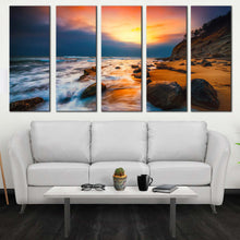 Load image into Gallery viewer, ocean boulders canvas wall art yellow sunset seascape multiple canvas brown ocean rocks 5 piece canvas print For Living Room
