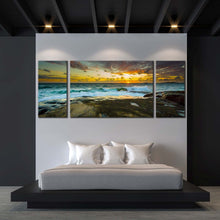 Load image into Gallery viewer, ocean landscape canvas wall art sweden brown ocean rocks 3 piece canvas print dramatic yellow sky seascape multi canvas artwork For Bedroom
