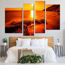 Load image into Gallery viewer, ocean landscape canvas wall art thailand orange ocean rocks 4 piece canvas set rayong yellow sun ocean canvas print
