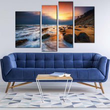 Load image into Gallery viewer, ocean rocks canvas wall art yellow sunset at sea canvas set brown ocean 4 piece canvas print for living room
