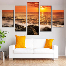 Load image into Gallery viewer, ocean rocks canvas wall art yellow sunset at sea canvas set orange sky seascape waves 5 piece canvas print For Living room

