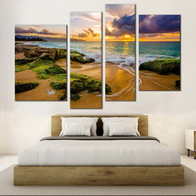 Load image into Gallery viewer, ocean scenery canvas wall art beautiful yellow sunset ocean 4 piece canvas print hawaii green ocean rocks multiple canvas in bedroom
