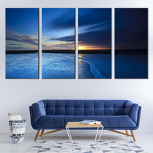 Load image into Gallery viewer, ocean sunrise canvas wall art blue ocean seascape 4 piece canvas set yellow cloudy sky sea canvas print For Living room
