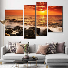 Load image into Gallery viewer, ocean sunset canvas wall art ocean rock boulders canvas print yellow sunset at sea canvas set orange seascape waves 4 piece multiple canvas for living room
