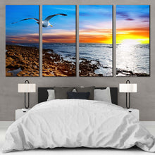 Load image into Gallery viewer, oceanic elegance bird s flight in blue sky canvas wall art cloudy orange yellow sunset 4 piece canvas print for Bedroom
