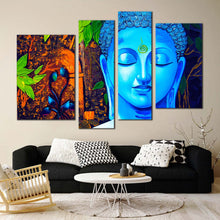Load image into Gallery viewer, peaceful buddha canvas wall art buddha meditation 4 piece multi canvas blue buddha close up canvas print in living room
