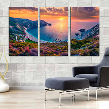 Load image into Gallery viewer, petani beach canvas wall art yellow sunset mediterranean sea triptych canvas print europe colorful cephalonia island 3 piece multiple canvas In Living Room
