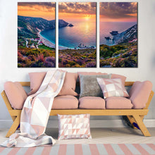 Load image into Gallery viewer, petani beach canvas wall art yellow sunset mediterranean sea triptych canvas print europe colorful cephalonia island 3 piece multiple canvas For Living Room
