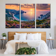 Load image into Gallery viewer, petani beach canvas wall art yellow sunset mediterranean sea triptych canvas print europe colorful cephalonia island 3 piece multiple canvas For Bedroom
