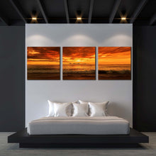 Load image into Gallery viewer, phuket  ocean  canvas  wall  art  thailand  karon  beach  ocean  waves  canvas  print  yellow  orange  cloudy  sky  ocean  3  piece  canvas  set In Bedroom
