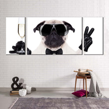 Load image into Gallery viewer, pug dog canvas print new year dog 3 piece canvas wall art white black funny dog multiple canva
