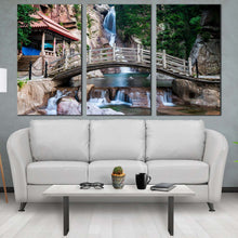 Load image into Gallery viewer, qingdao scenery canvas wall art china waterfall brown wooden bridge canvas artwork green shandong nature 3 piece canvas print In Living Room
