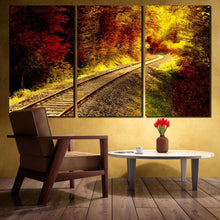 Load image into Gallery viewer, railroad track in forest autumn sun triptych canvas prints For Living Room
