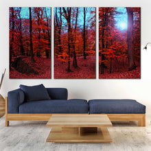 Load image into Gallery viewer, red forest sunlight foggy 3 piece wall art In Living room
