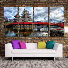 Load image into Gallery viewer, red painted bridge over moat before Matsumoto Castle Nagano Japan In Living Room
