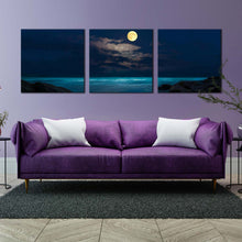 Load image into Gallery viewer, rock  beach  canvas  print  yellow  full  moon  ocean  3  piece  multi  canvas  blue  cloudy  ocean  at  night  triptych  canvas  wall  art In Living Room
