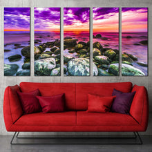 Load image into Gallery viewer, rocky ocean canvas wall art dramatic clouds ocean sky 5 piece canvas set colorful ocean multiple canvas For Living Room
