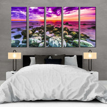 Load image into Gallery viewer, rocky ocean canvas wall art dramatic clouds ocean sky 5 piece canvas set colorful ocean multiple canvas In Bedroom
