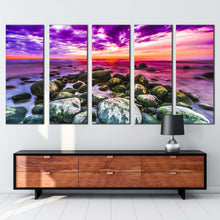 Load image into Gallery viewer, rocky ocean canvas wall art dramatic clouds ocean sky 5 piece canvas set colorful ocean multiple canvas
