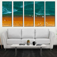 Load image into Gallery viewer, sea waves canvas wall art sea green turquoise waves 5 piece canvas print brown ocean beach aerial view canvas set In Living Room
