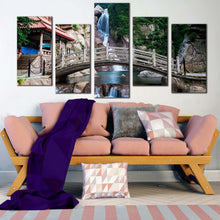 Load image into Gallery viewer, shandong waterfall canvas wall art qingdao scenery brown wooden bridge 5 piece canvas china waterfall green nature multiple canvas For Living room
