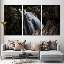 Load image into Gallery viewer, stunning waterfall canvas wall art amazing white waterfall multi canvas artwork beautiful brown mountain waterfall 3 piece canvas print In Living Room
