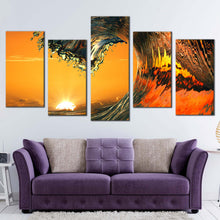 Load image into Gallery viewer, sunset wave canvas print yellow sunrise ocean wave multiple canvas orange ocean wave curl 5 piece canvas wall art In Living Room
