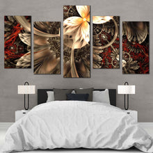 Load image into Gallery viewer, symmetrical abstract canvas print brown abstract fractal flower 5 piece canvas wall art red abstract artistic fractal multi canvas artwork In Bedroom
