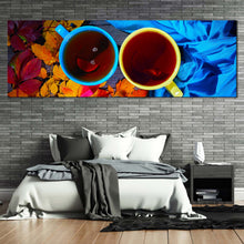 Load image into Gallery viewer, tea  cups  canvas  print  blue  yellow  tea  cups  close  up  panoramic  canvas  wall  art  tea  from  above  canvas  artwork For Bedroom
