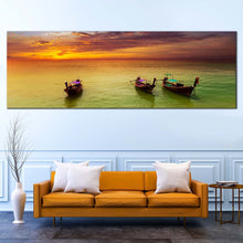 Load image into Gallery viewer, thailand  serenity  canvas  wall  art  green  sea  boats  tropical  night  beach  panoramic  canvas  print In Living Room
