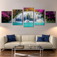 Load image into Gallery viewer, thailand waterfall canvas print beautiful erawan falls national park canvas set colorful autumn forest waterfall 5 piece canvas wall art In Living Room
