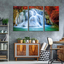 Load image into Gallery viewer, thailand waterfall canvas wall art colorful waterfall scenery canvas print kanchanaburi huai mae khamin waterfall 3 piece multi canvas
