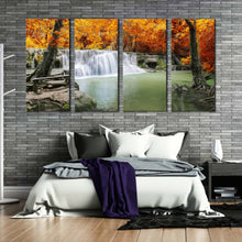 Load image into Gallery viewer, thailand waterfall canvas wall art green lake river canvas print orange autumn trees forest waterfall 4 piece canvas set For Your Bedroom
