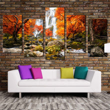 Load image into Gallery viewer, thailand waterfall canvas wall art waterfall rock forest orange trees 5 piece canvas amazing white waterfall scenery canvas print For Living Room
