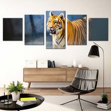 Load image into Gallery viewer, tiger staring canvas wall art tiger looking 5 piece canvas print white yellow big tiger wildlife multiple canvas wild cat canvas set In Living room
