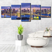 Load image into Gallery viewer, tokyo bay skyline canvas wall art rainbow yellow city bridge 5 piece japan evening blue cityscape canvas print for Living room
