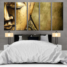 Load image into Gallery viewer, tranquil buddha face close up canvas print mind and soul canvas set peaceful yellow buddha 5 piece wall art for your Bedroom
