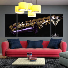 Load image into Gallery viewer, triptych Violet Saxophone Cocktail Glass dark background canvas print In Living Room
