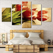 Load image into Gallery viewer, tulip beauty canvas wall art red vintage tulips with green leaves in 5 piece canvas print for Bedroom

