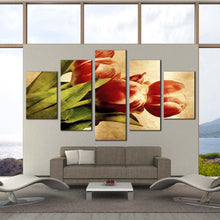 Load image into Gallery viewer, tulip beauty canvas wall art red vintage tulips with green leaves in 5 piece canvas print In Living room
