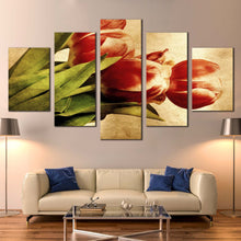 Load image into Gallery viewer, tulip beauty canvas wall art red vintage tulips with green leaves in 5 piece canvas print for Your Living room
