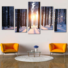 Load image into Gallery viewer, twilight tranquility trees sunset canvas art winter forest ambiance 5 panels For Your Living Room
