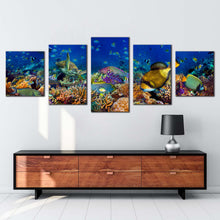 Load image into Gallery viewer, underwater reef canvas wall art blue aquarium 5 piece canvas print colorful fish underwater multi canvas artwork
