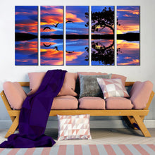 Load image into Gallery viewer, vibrant sky birds over blue lake 5 piece canvas wall art serene sunset lake reflection canvas print In Living Room
