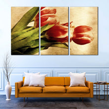 Load image into Gallery viewer, vintage floral trio canvas wall art green leaves accentuate red tulip flowers in design canvas print In Living Room
