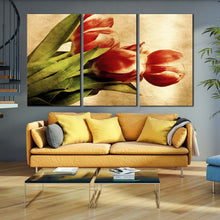 Load image into Gallery viewer, vintage floral trio canvas wall art green leaves accentuate red tulip flowers in design canvas print for your Living Room
